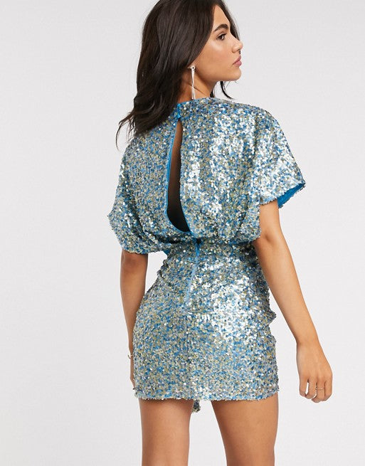 ASOS DESIGN kimono mini dress with tie side in all over multi sequin in base blue
