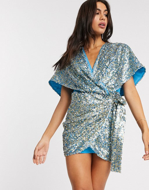 ASOS DESIGN kimono mini dress with tie side in all over multi sequin in base blue